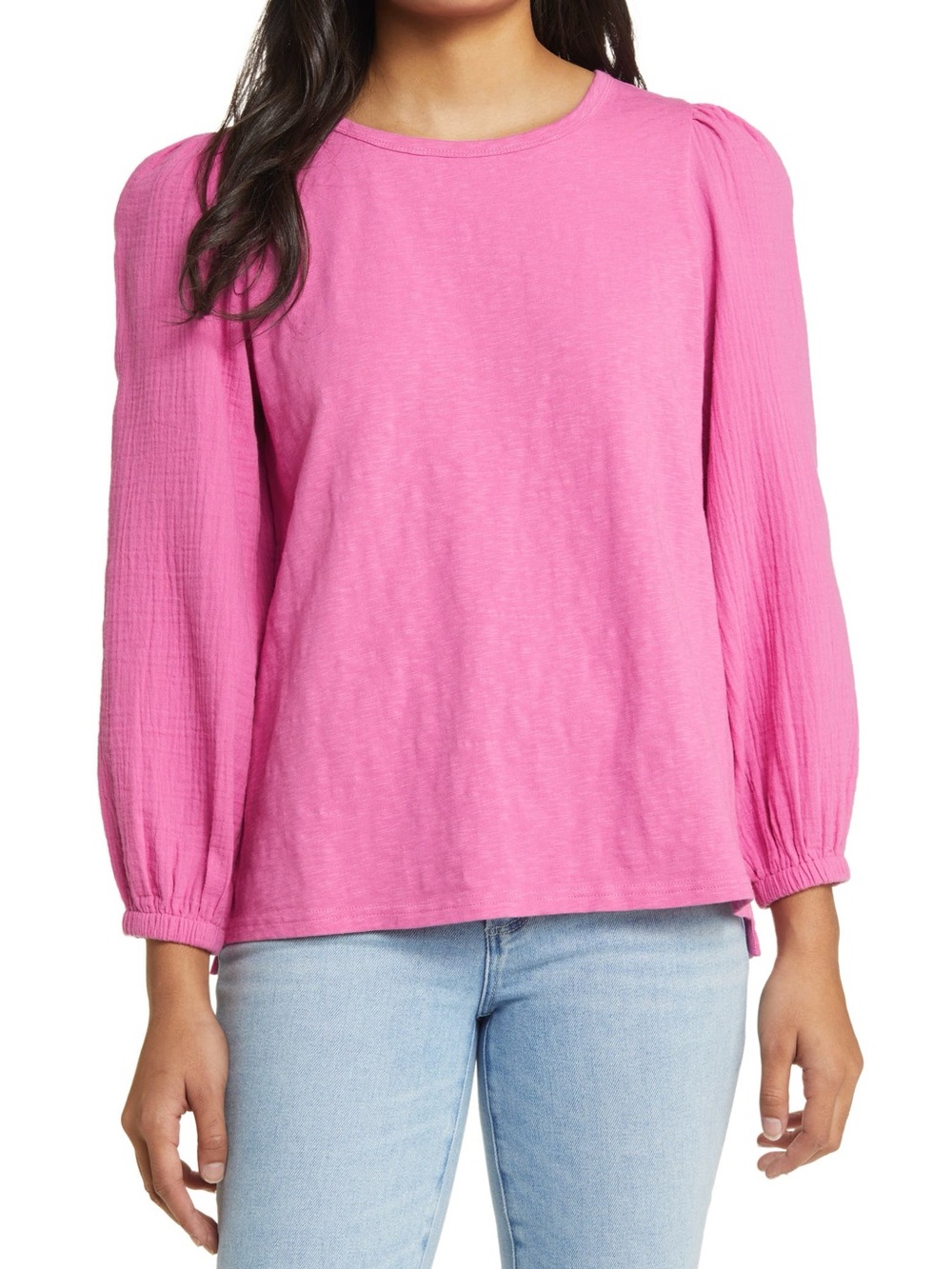 CASLON Pink Mixed Media Gauze Boho Balloon Sleeve Casual Minimalist Top Sz Large